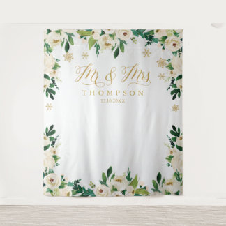Mr & Mrs floral winter wedding banner backdrop Wandteppich