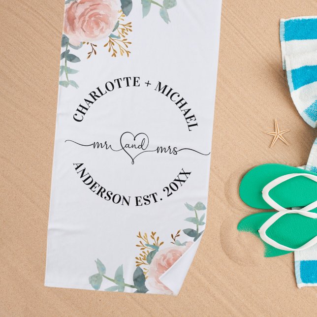 Mr. Mrs frisch vermählte Rose Goldfloralen Grün Strandtuch (Von Creator hochgeladen)