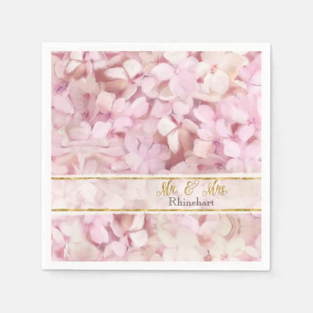Mr & Mrs Gold Imitats Glitzer Pink Hydrangea Flora Serviette (Vorderseite)
