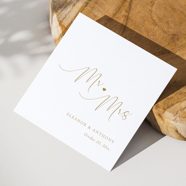 Mr & Mrs. Gold Script Wedding Napkins | elegant Serviette (Elegant Gold Script Mr and Mrs Love Heart Wedding Napkins)