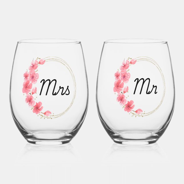 Mr. & Mrs. Hand Painted Print Weinglas Ohne Stiel (Vorderseite)