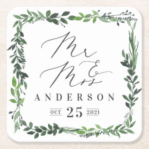 Mr & Mrs. leafy Aquarell elegant Rechteckiger Pappuntersetzer