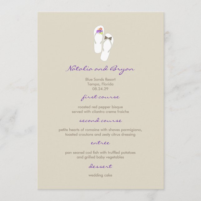 Mr & Mrs. Lila Flip Flops Beach Wedding Menu Card Menükarte (Vorderseite)