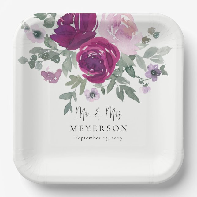 Mr & Mrs Magenta Blush Floral Ivory Wedding Pappteller (Vorderseite)