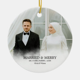 Mr. & Mrs. | Married & Merry First Christmas Photo Keramik Ornament