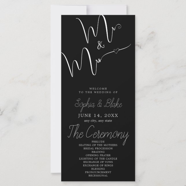 Mr & Mrs. Minimalistisch Black Wedding Program (Vorderseite)