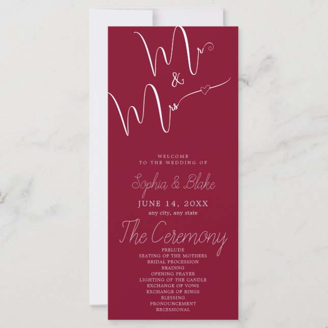 Mr & Mrs. Minimalistisch Burgundy Wedding Program (Vorderseite)