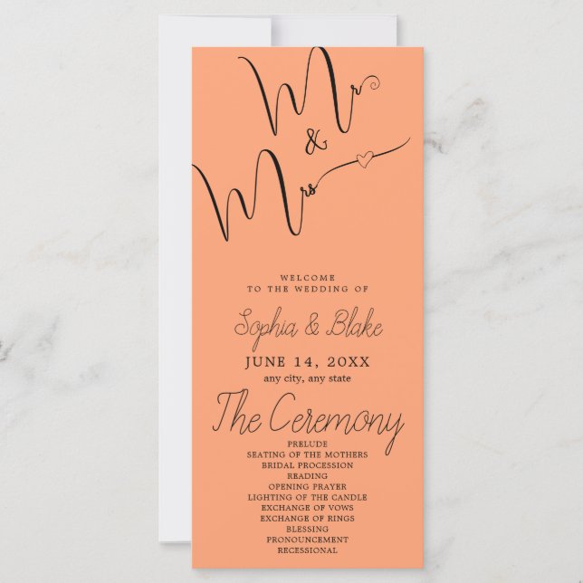 Mr & Mrs. Minimalistisch Cantaloupe Wedding Progra (Vorderseite)