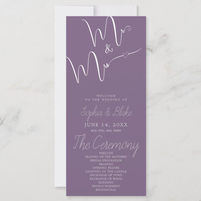 Mr & Mrs Minimalistisch Faded Lila Wedding Program (Vorderseite)