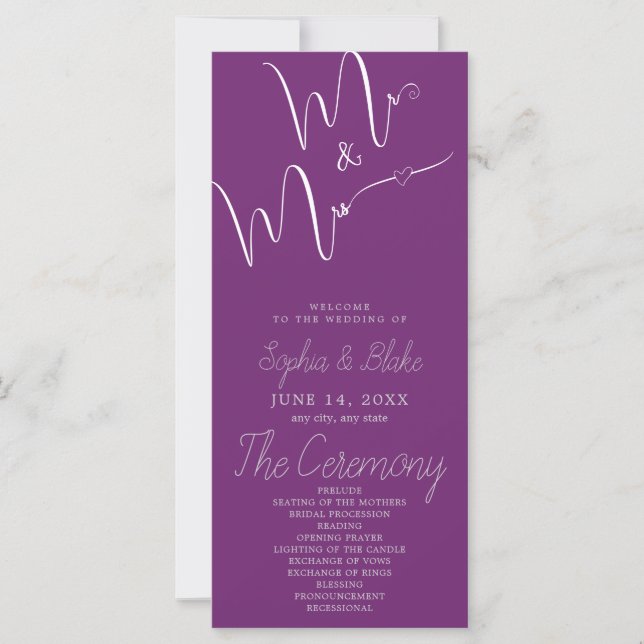 Mr & Mrs. Minimalistisch Lila Wedding Program (Vorderseite)
