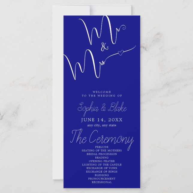 Mr & Mrs Minimalistisch Navy Blue Wedding Program (Vorderseite)