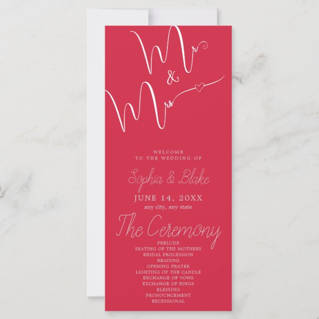 Mr & Mrs Minimalistisch Raspberry Pink Wedding Pro (Vorderseite)
