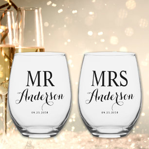 Mr & Mrs Modern Elegant Individuelle Name Date Wed Weinglas Ohne Stiel