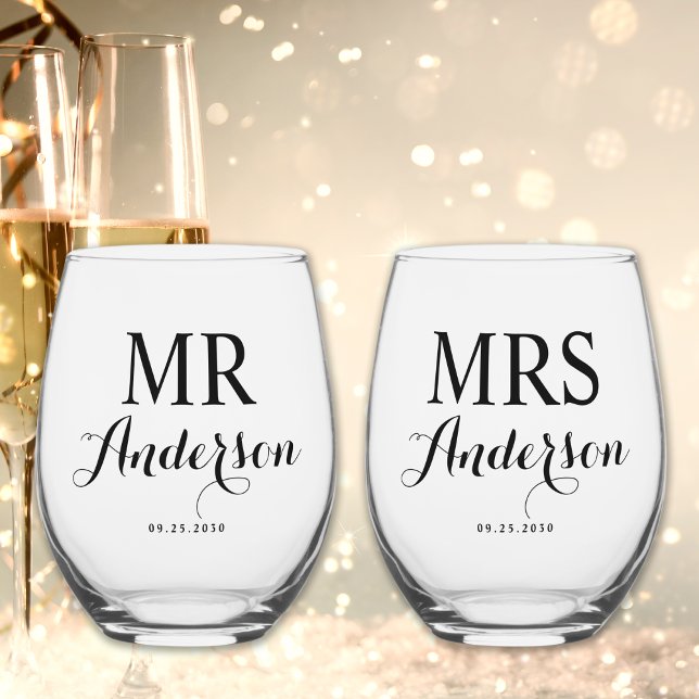 Mr & Mrs Modern Elegant Individuelle Name Date Wed Weinglas Ohne Stiel (Von Creator hochgeladen)