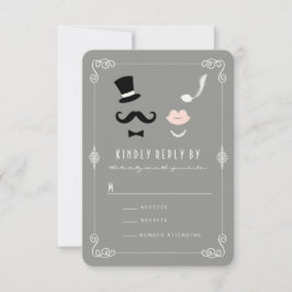 Mr & Mrs Mustache and Lips Vintag Chic Wedding RSVP Karte