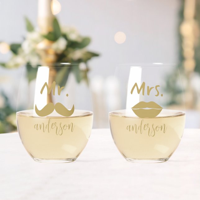 Mr & Mrs Mustache Lips Personalisiert Wedding Weinglas Ohne Stiel (Insitu (Hochzeit))