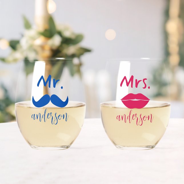 Mr & Mrs Mustache Lips Personalisiert Wedding Weinglas Ohne Stiel (Insitu (Hochzeit))