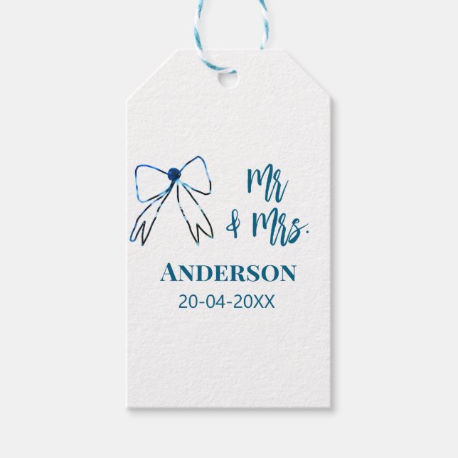 Mr. & Mrs. Name Datum Gastgeschenk Hochzeit blau g Geschenkanhänger (Vorderseite)