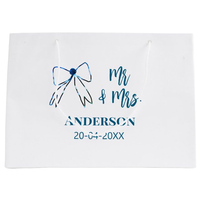Mr. & Mrs. Name Datum Gastgeschenk Hochzeit blau g Große Geschenktüte (Vorderseite)