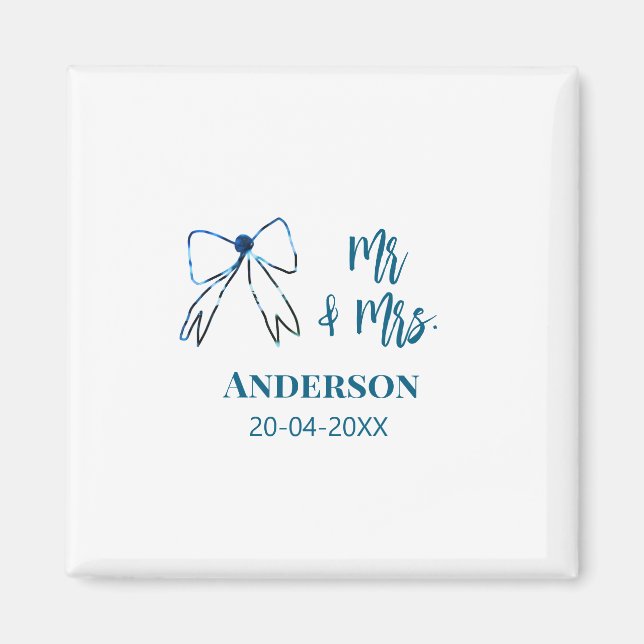 Mr. & Mrs. Name Datum Gastgeschenk Hochzeit blau g Magnet (Vorne)