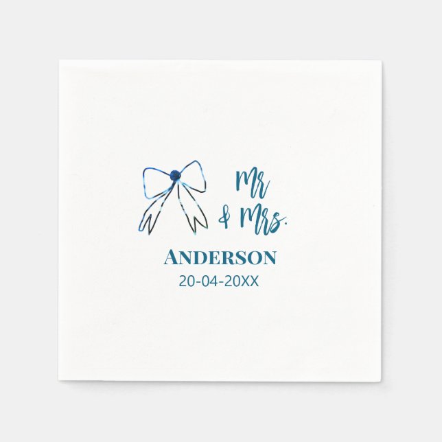 Mr. & Mrs. Name Datum Gastgeschenk Hochzeit blau g Serviette (Vorderseite)