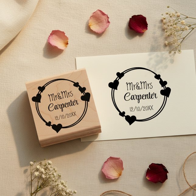 Mr&Mrs Names and Wedding Date Romantic Stamp Gummistempel (Romantic wedding stamp with hearts. 💕)