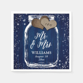 Mr & Mrs Navy Blue Wood Mason Jar Barn Wedding Serviette