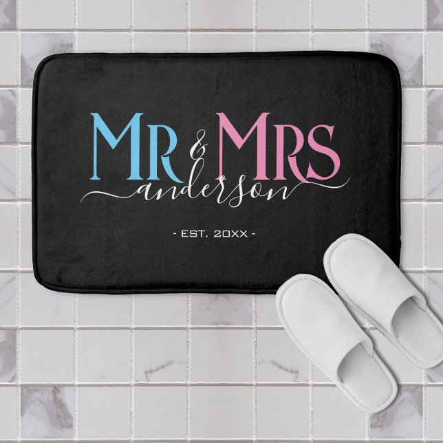 Mr & Mrs. Newlywed Couple Wedding Anniversary Blac Badematte (black mr and mrs bathmat with pink blue and white typography)