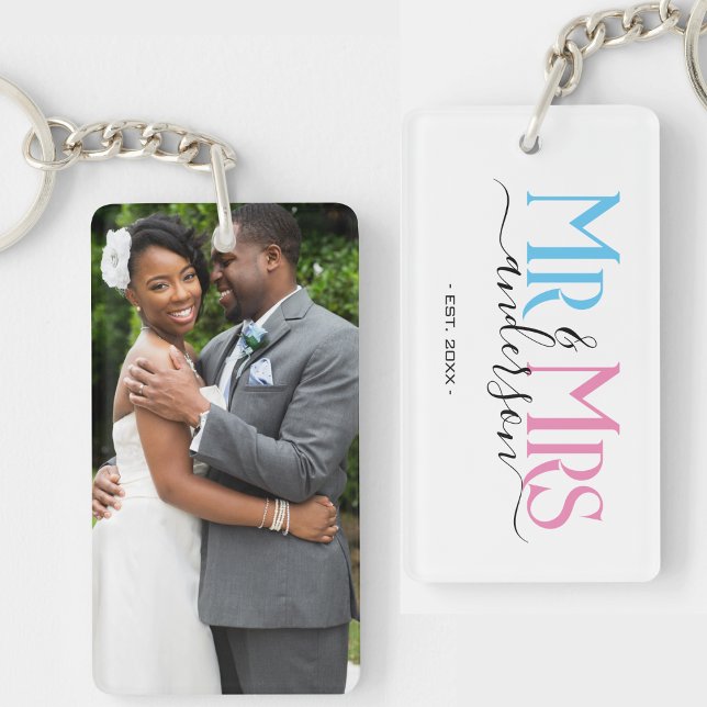 Mr & Mrs Newlywed Couple Wedding Anniversary Foto Schlüsselanhänger (newlywed couple mr and mrs keychain with photo)