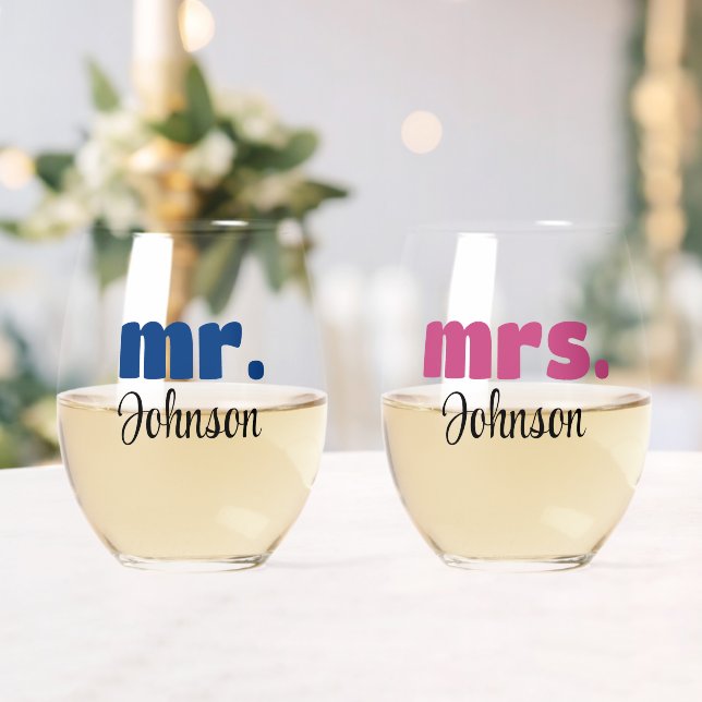 Mr & Mrs. Personalisiert Wedding Chic Script Weinglas Ohne Stiel (Insitu (Hochzeit))