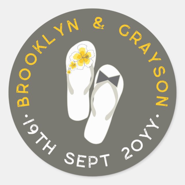 Mr & Mrs Pink Hibiskus Flip Flops Beach Wedding Runder Aufkleber (Vorderseite)