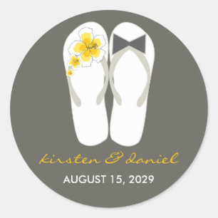 Mr & Mrs Pink Hibiskus Flip Flops Beach Wedding Runder Aufkleber
