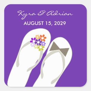 Mr & Mrs Purple Flowers Flip Flops Beach Wedding Quadratischer Aufkleber