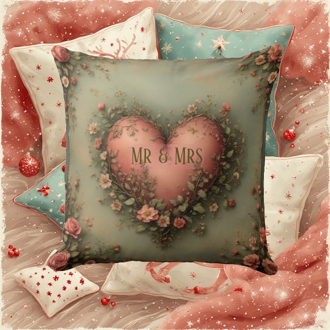 Mr & Mrs Romantic Heart Botanische Grünpflanzen Ga Kissen (Mr & Mrs Romantic Heart Botanical Greenery Garden Throw Pillow)