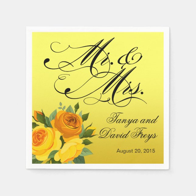 Mr & Mrs. Script Typografy Rose Floral gelb Serviette (Vorderseite)