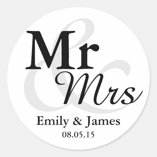 Mr&Mrs Simple Elegant Typografy Gastgeschenk Hochz Runder Aufkleber (Vorderseite)