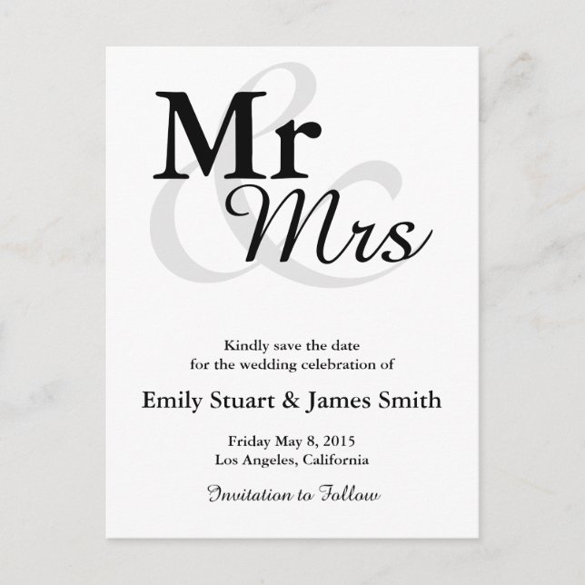 Mr&Mrs Simple Elegant Typografy Save the Date Ankündigungspostkarte (Vorderseite)