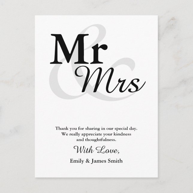 Mr&Mrs Simple Elegant Typografy Wedding Vielen Dan Postkarte (Vorderseite)