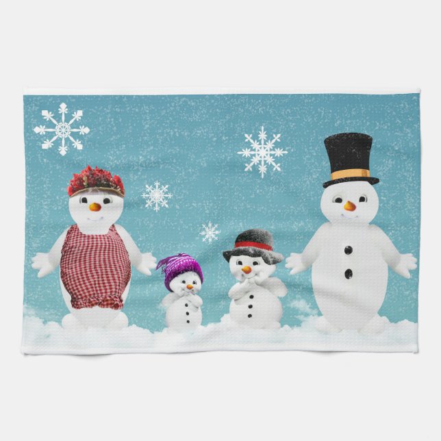 Mr&Mrs Snowman und ihre Familie zu Weihnachten Geschirrtuch (Horizontal)