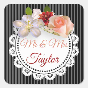 Mr & Mrs Stickers Black and Coral Floral Rose