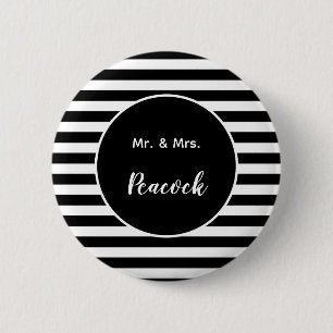 Mr & Mrs. Surname Black and White Stripes Button