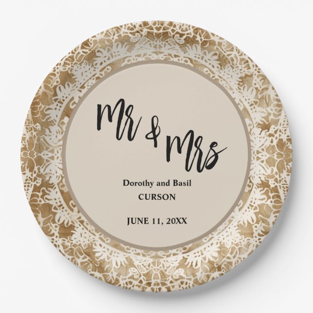 Mr & Mrs. Vintag Lace Doily Wedding Pappteller (Vorderseite)