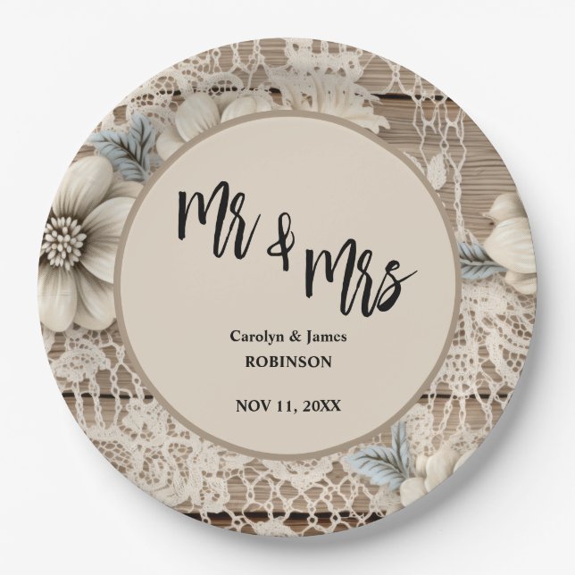 Mr & Mrs. Vintag Lace Rustic Wedding Pappteller (Vorderseite)