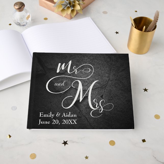 Mr. & Mrs. Wedding Black Slate Stone  Gästebuch (Vorderseite Offen)