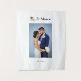 Mr & Mrs. Wedding Foto mit Name & Datum Wandteppich