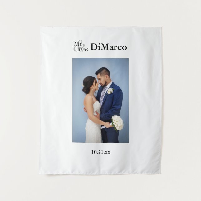 Mr & Mrs. Wedding Foto mit Name & Datum Wandteppich (Vorderseite)
