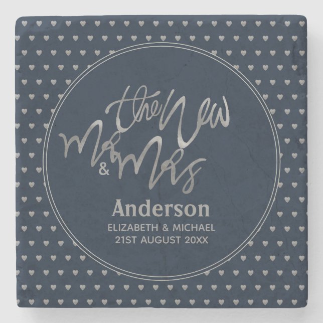 Mr & Mrs Wedding Navy Blue Silver Liebe Herts Steinuntersetzer (Vorderseite)