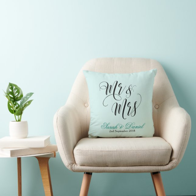 Mr & Mrs Wedding Pillow Keepake Geschenk blau grün Kissen (Stuhl )