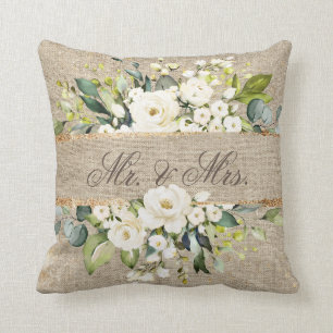 Mr & Mrs White Gold Botanical Floral Linen Rustic Kissen