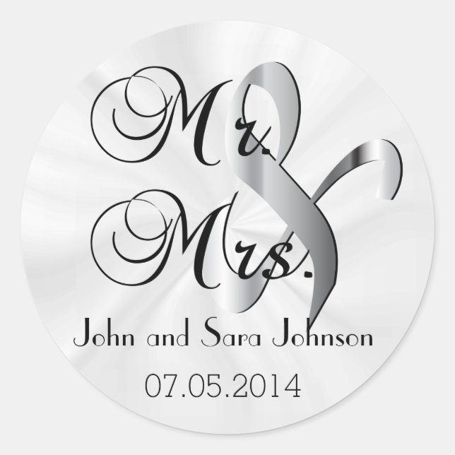 Mr. & Mrs. White Wedding | Personalisieren Runder Aufkleber (Vorderseite)